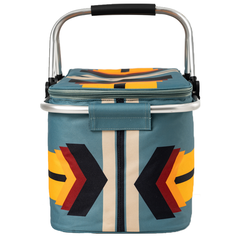 Cooler bag with geometric patterns on a white background
