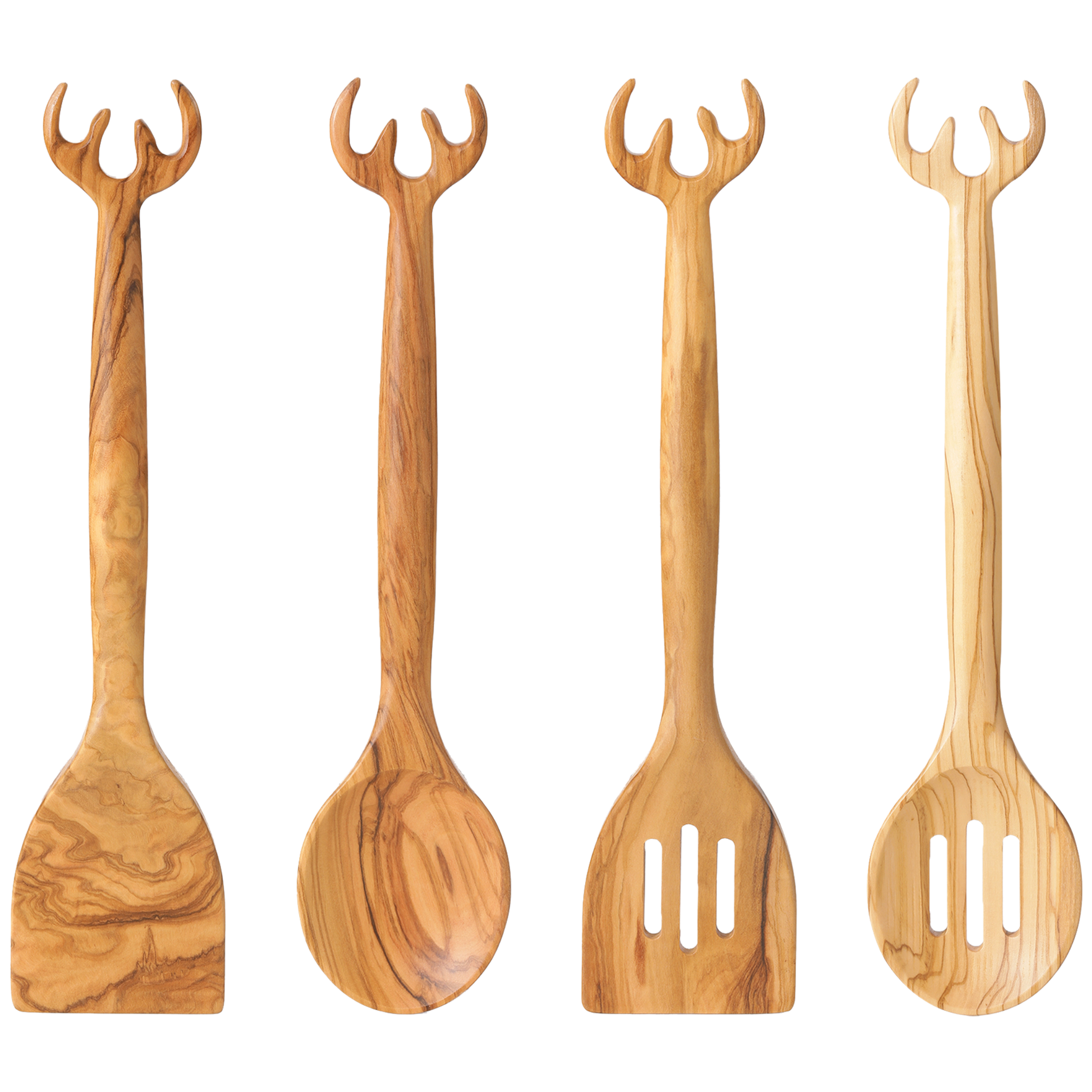 Set of four wooden utensils with unique antler design on a white background