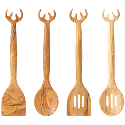 Set of four wooden utensils with unique antler design on a white background