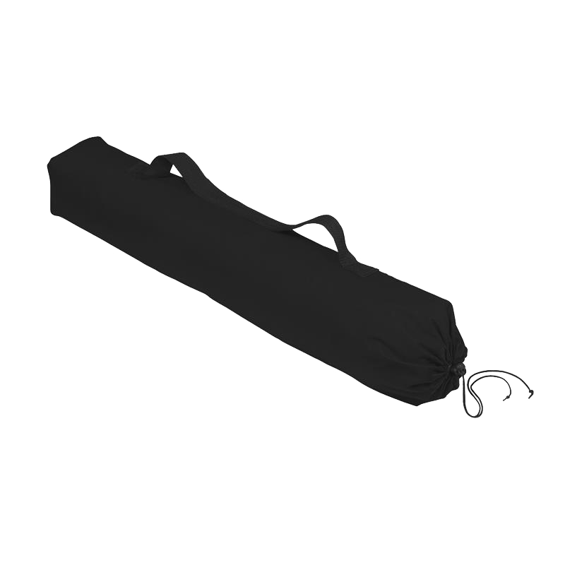 Black lawn chair in carrying bag on a white background