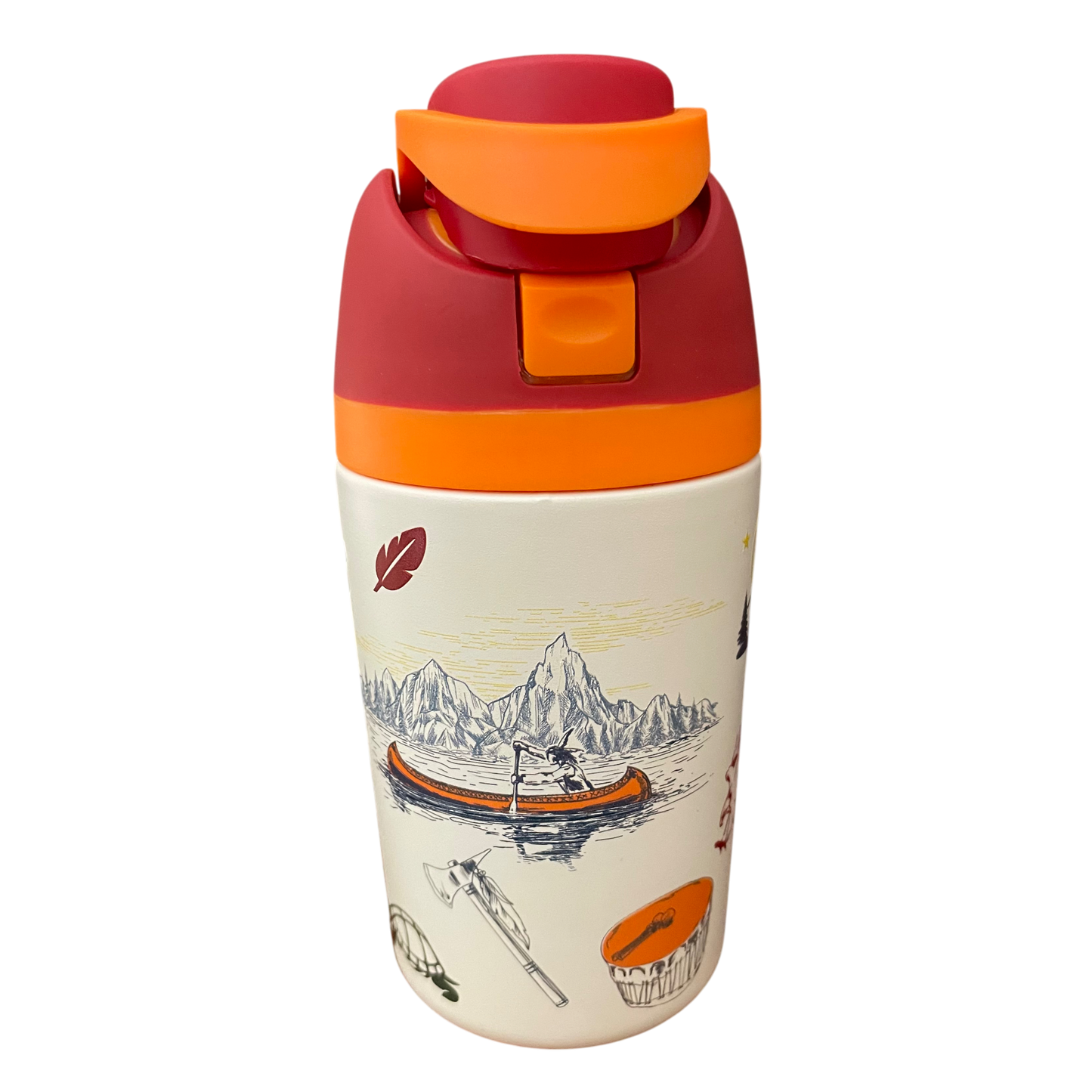 Colorful water bottle with scenic design on a white background