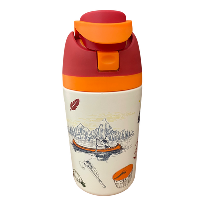 Colorful water bottle with scenic design on a white background