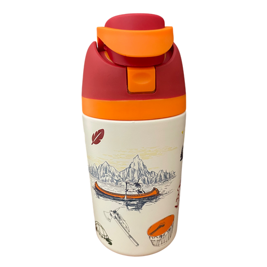 Colorful water bottle with scenic design on a white background