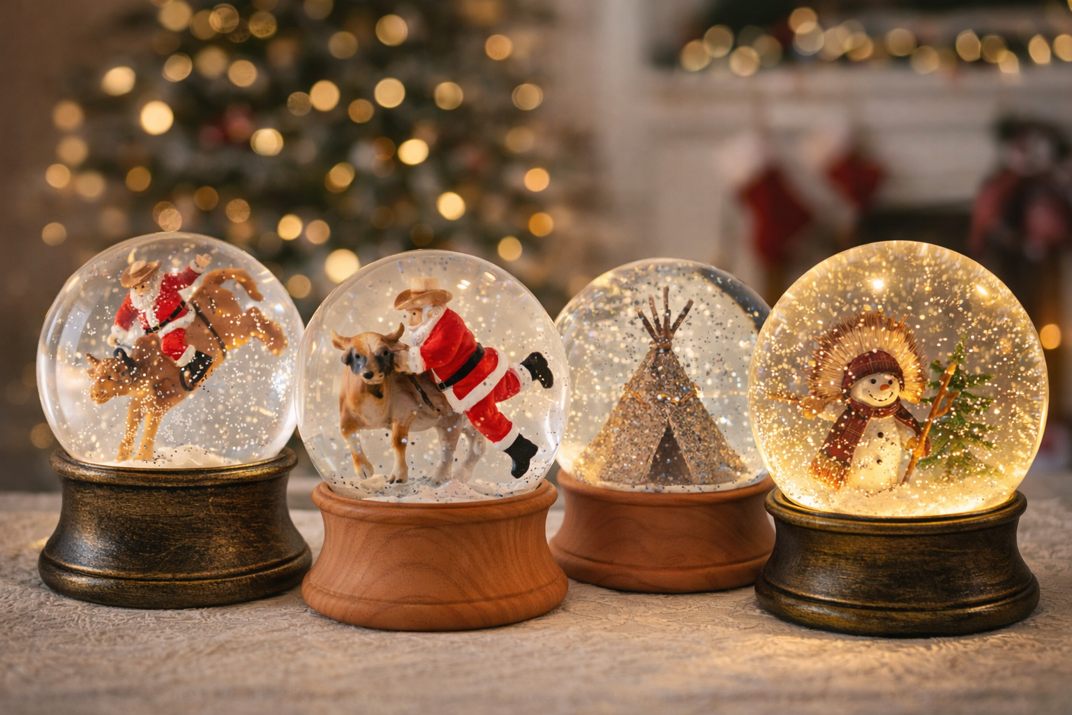 Four Christmas-themed snow globes with Santa, reindeer, teepee, and snowman designs