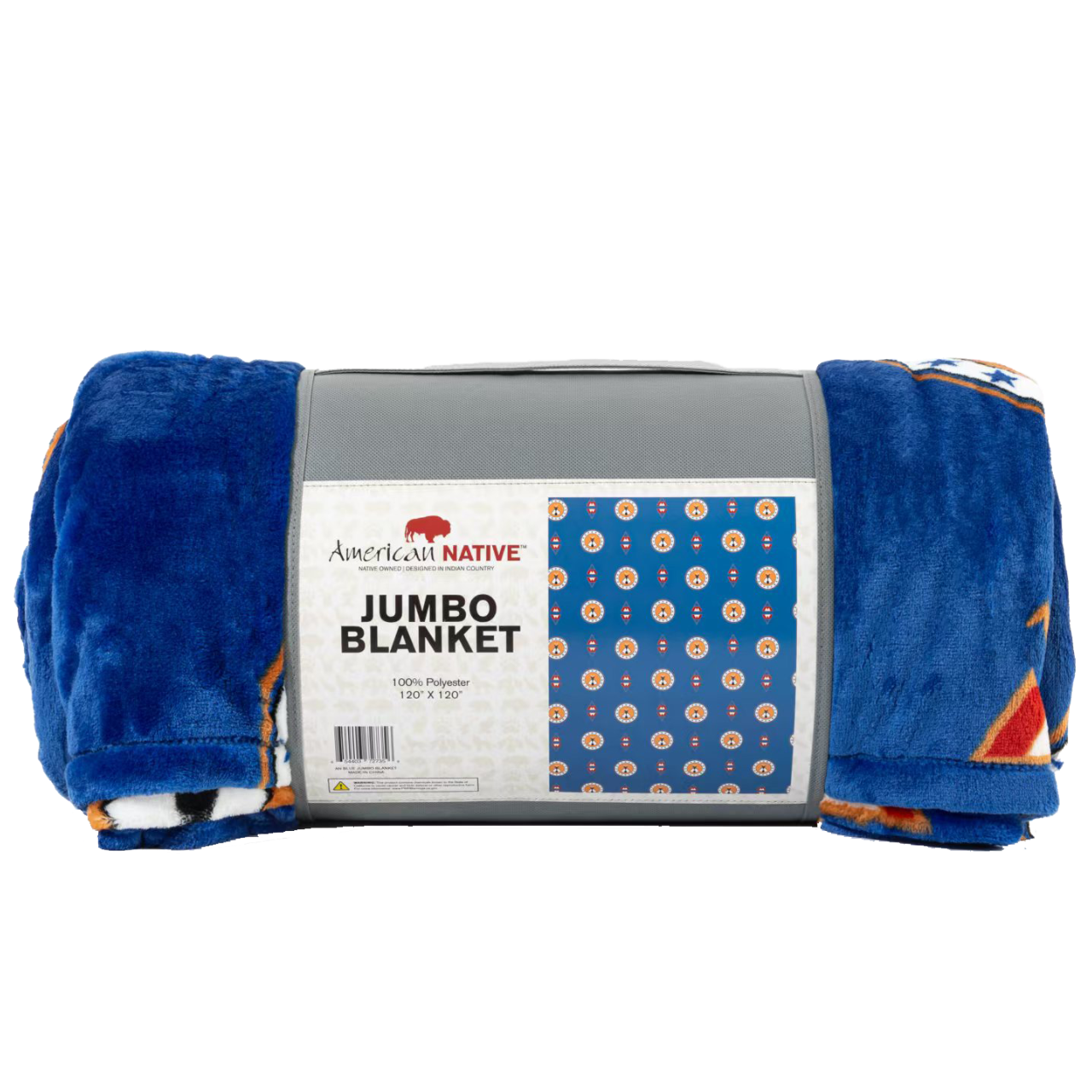 Roll-up blue jumbo blanket with tee pee designs on a white background