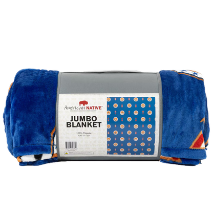 Roll-up blue jumbo blanket with tee pee designs on a white background
