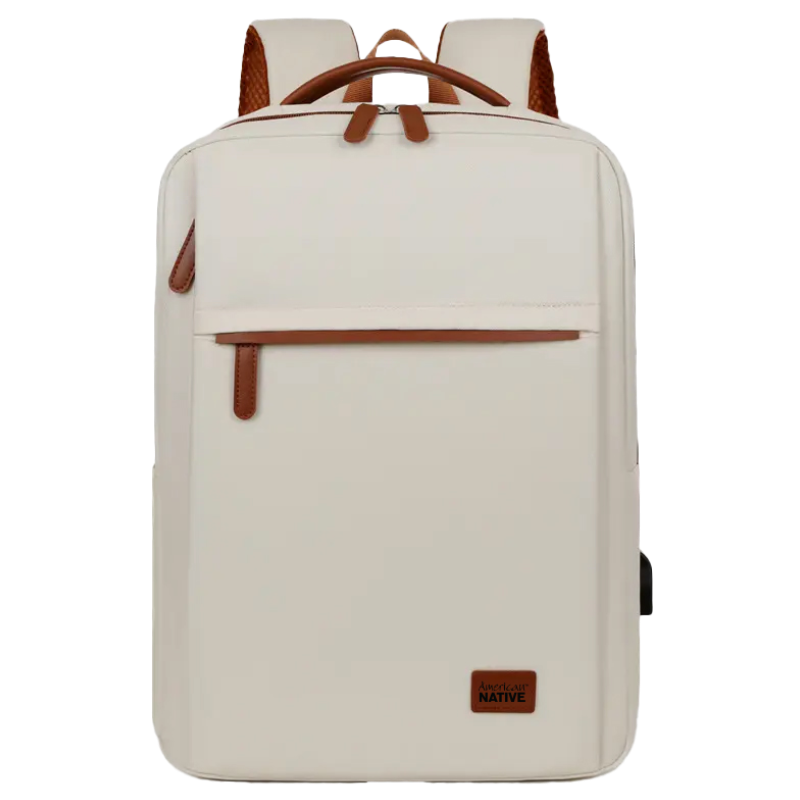 Beige backpack with brown accents on a white background