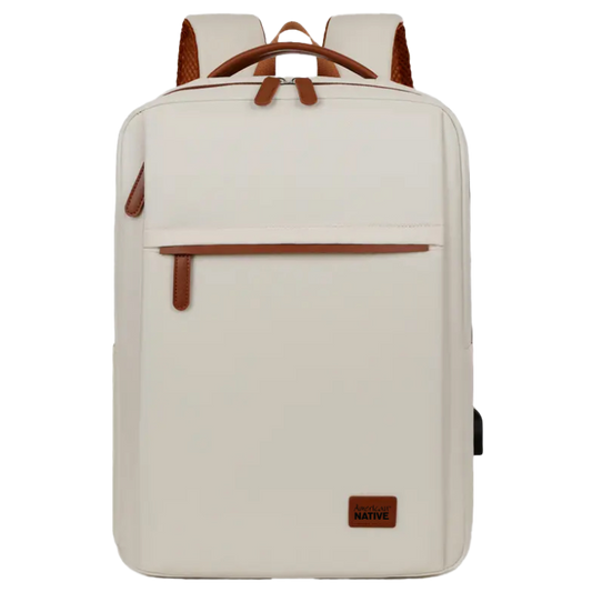 Beige backpack with brown accents on a white background