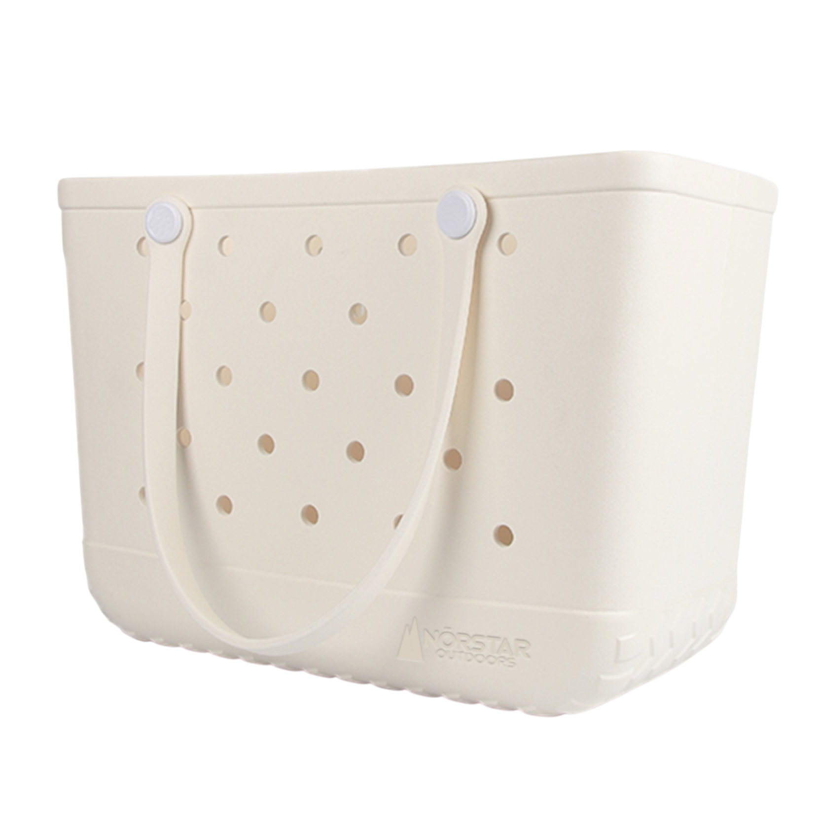 Beige tote bag with gold polka dots on a white background