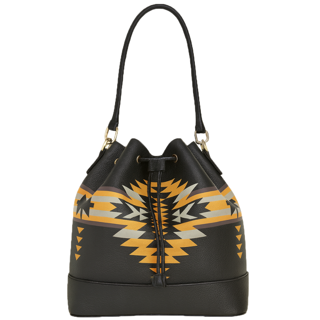 Black handbag with geometric pattern on a white background