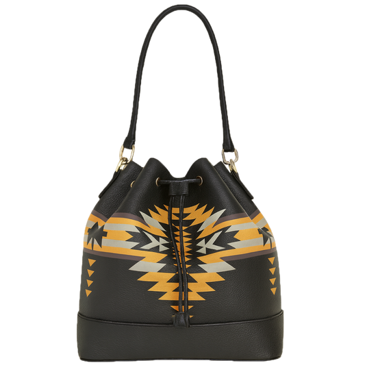 Black handbag with geometric pattern on a white background