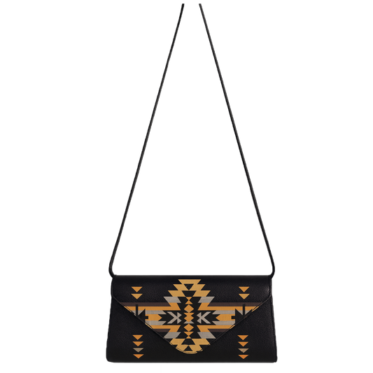 Black handbag with geometric pattern on a white background
