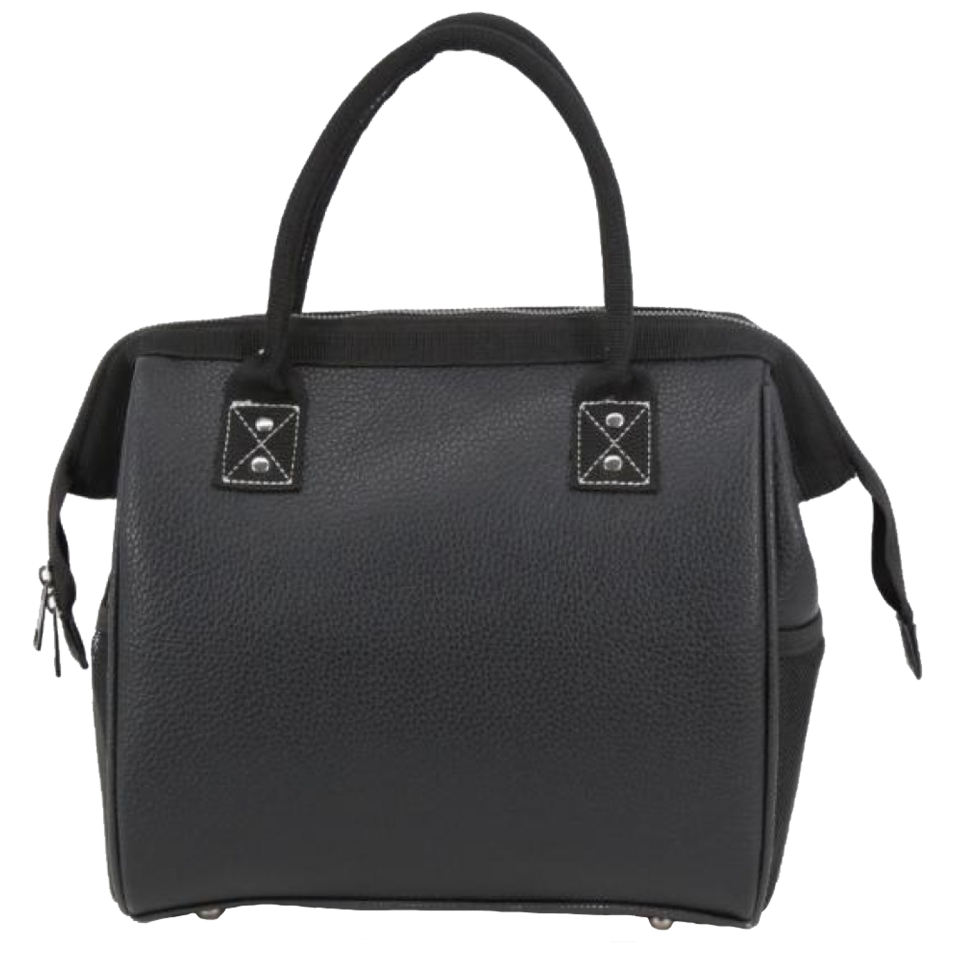 A black pebbled faux-leather handbag with dual top handles, zippered side pockets, and silver-tone hardware, shown against a plain white background.
