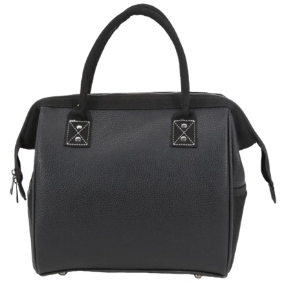 A black pebbled faux-leather handbag with dual top handles, zippered side pockets, and silver-tone hardware, shown against a plain white background.