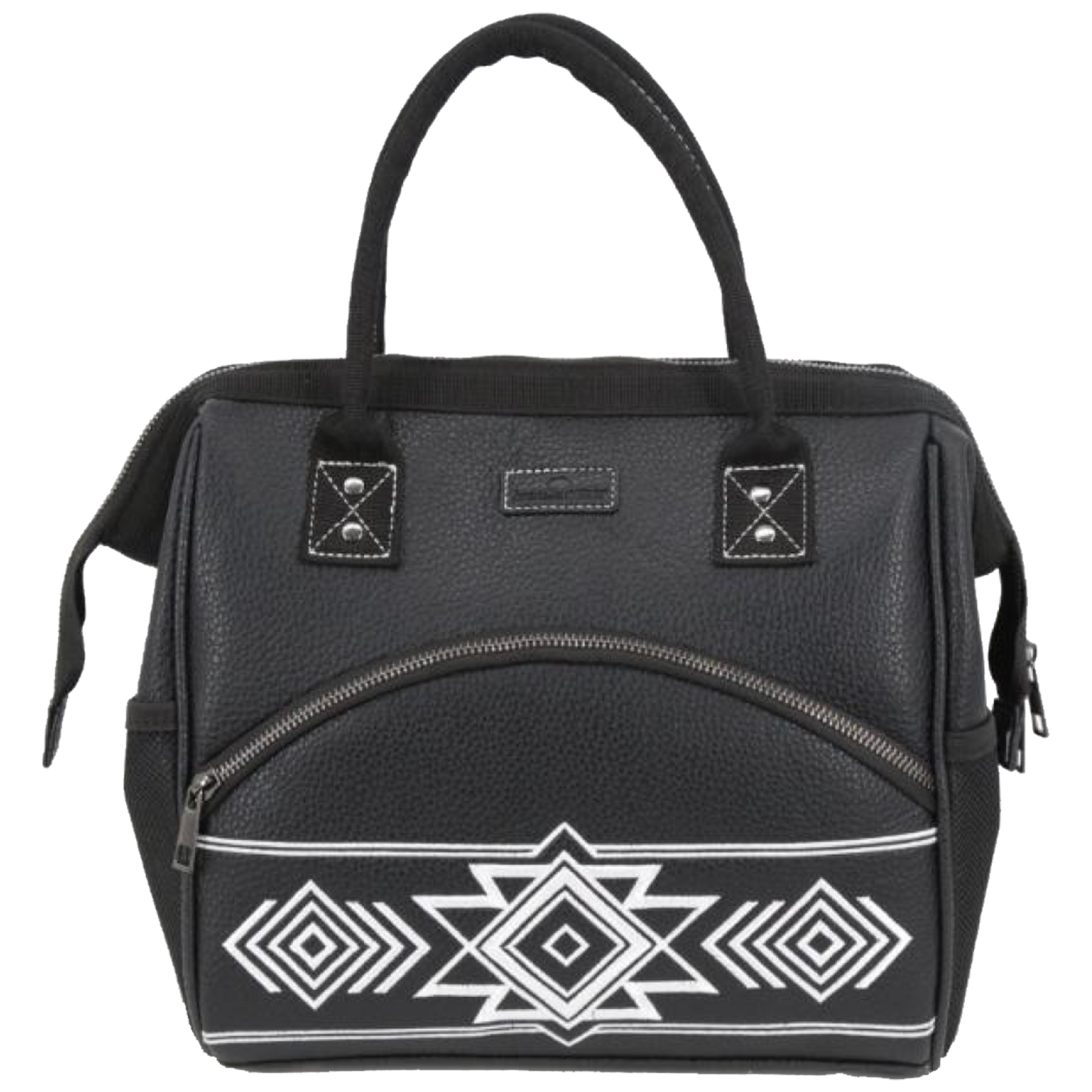 A black pebbled faux-leather handbag with a white geometric Southwestern-style pattern on the lower front pocket, featuring dual top handles and silver-tone hardware.