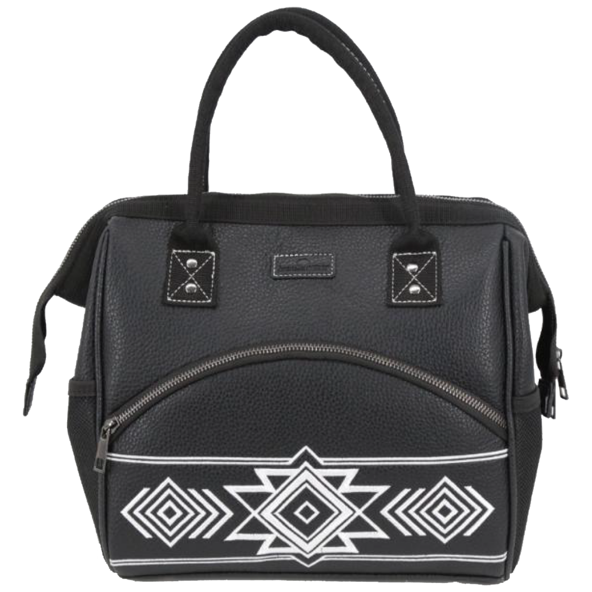 A black pebbled faux-leather handbag with a white geometric Southwestern-style pattern on the lower front pocket, featuring dual top handles and silver-tone hardware.