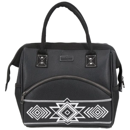 A black pebbled faux-leather handbag with a white geometric Southwestern-style pattern on the lower front pocket, featuring dual top handles and silver-tone hardware.