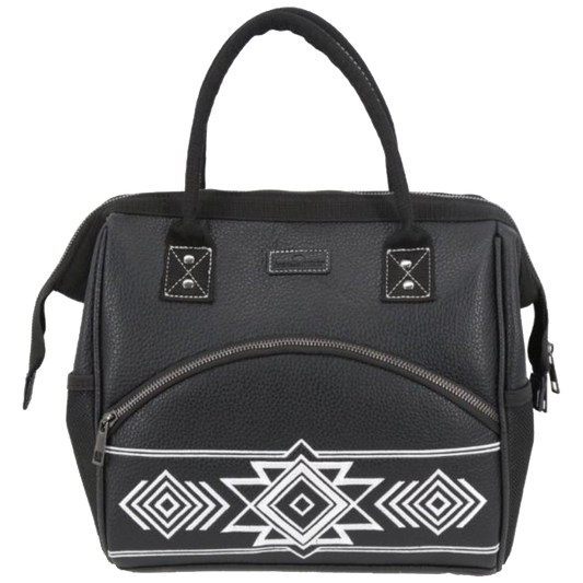 A black pebbled faux-leather handbag with a white geometric Southwestern-style pattern on the lower front pocket, featuring dual top handles and silver-tone hardware.
