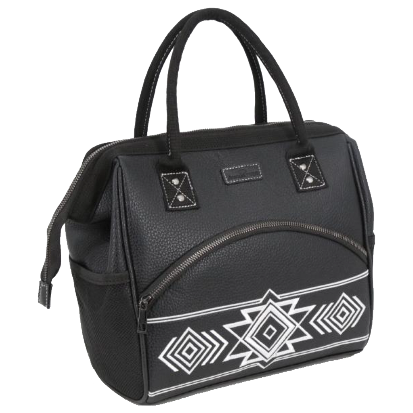 A black textured leather diaper bag with dual top handles, a front zippered pocket, and a white geometric Southwestern-style pattern on the lower front panel, shown against a plain white background.