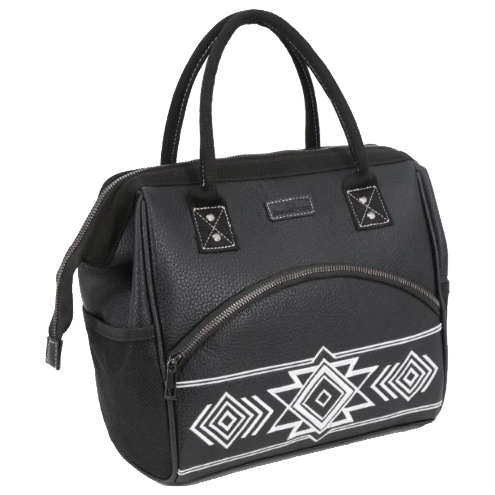 A black textured leather diaper bag with dual top handles, a front zippered pocket, and a white geometric Southwestern-style pattern on the lower front panel, shown against a plain white background.