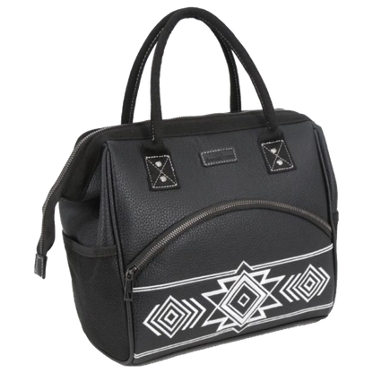 A black textured leather diaper bag with dual top handles, a front zippered pocket, and a white geometric Southwestern-style pattern on the lower front panel, shown against a plain white background.