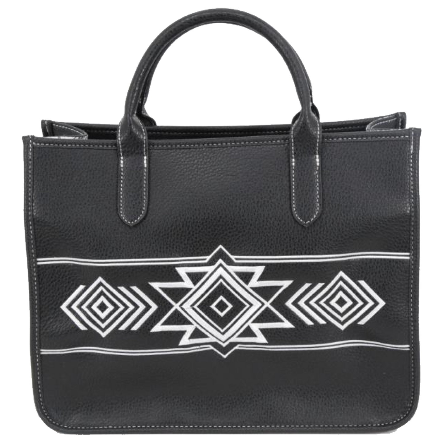 A black leather tote bag with a white geometric Southwestern-style pattern across the front, featuring two top handles, shown against a plain white background.