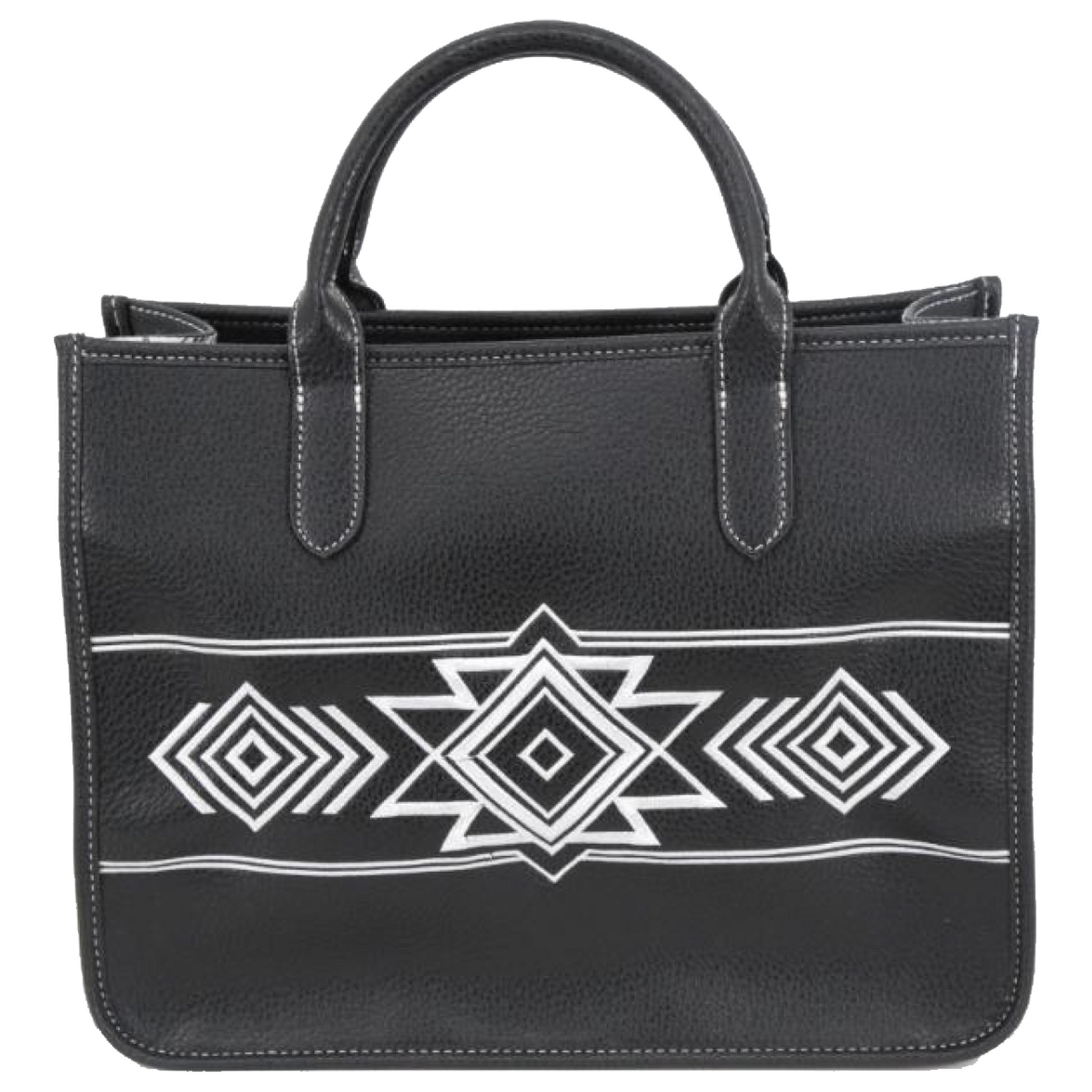 A black leather tote bag with a white geometric Southwestern-style pattern across the front, featuring two top handles, shown against a plain white background.
