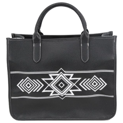 A black leather tote bag with a white geometric Southwestern-style pattern across the front, featuring two top handles, shown against a plain white background.