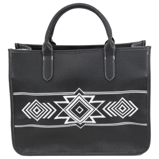 A black leather tote bag with a white geometric Southwestern-style pattern across the front, featuring two top handles, shown against a plain white background.