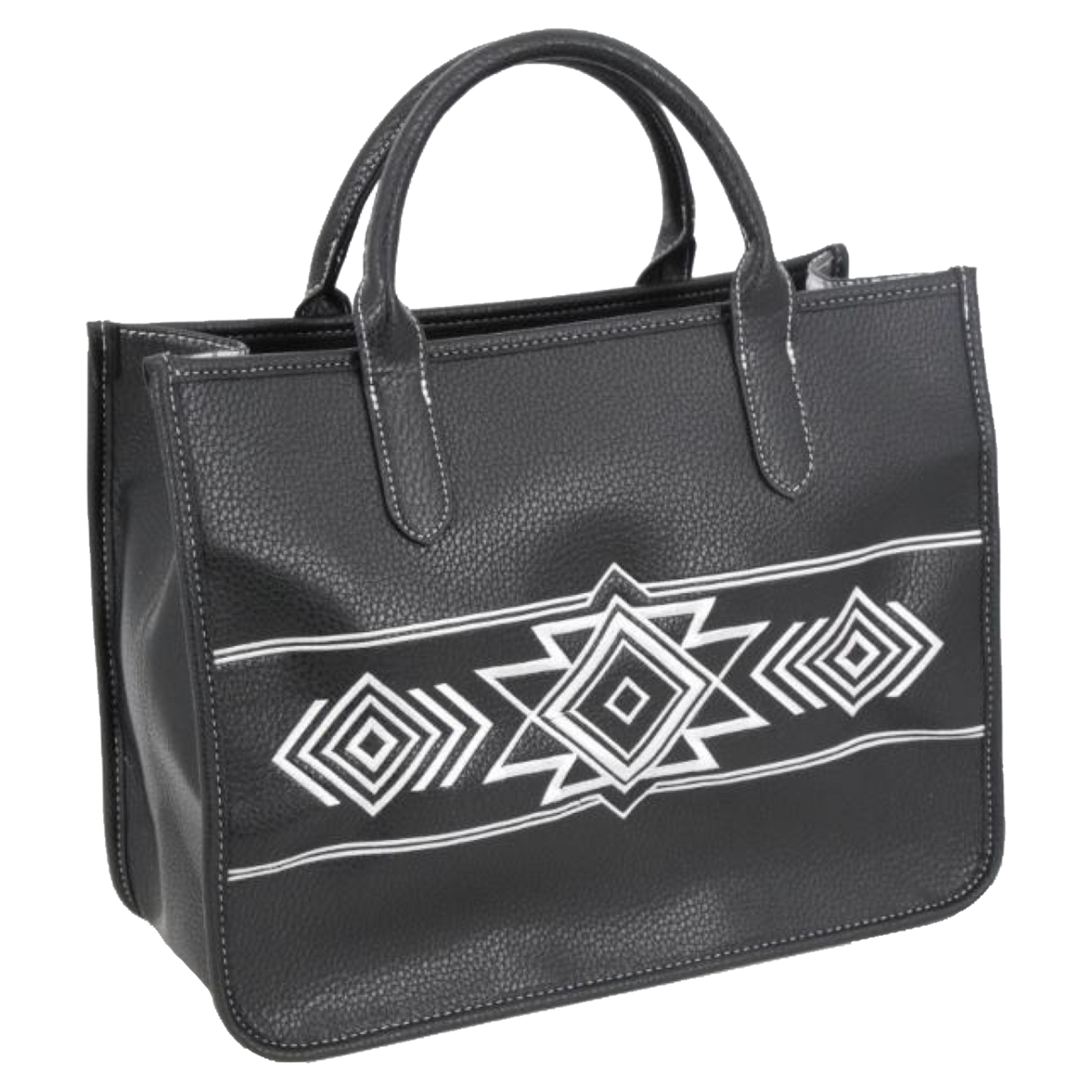 A black leather tote bag with a white geometric Southwestern-style pattern across the front, featuring two top handles, shown against a plain white background.