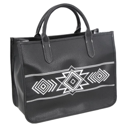 A black leather tote bag with a white geometric Southwestern-style pattern across the front, featuring two top handles, shown against a plain white background.