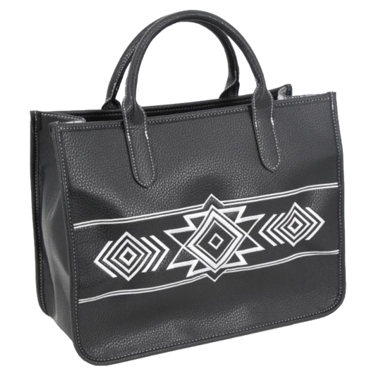 A black leather tote bag with a white geometric Southwestern-style pattern across the front, featuring two top handles, shown against a plain white background.