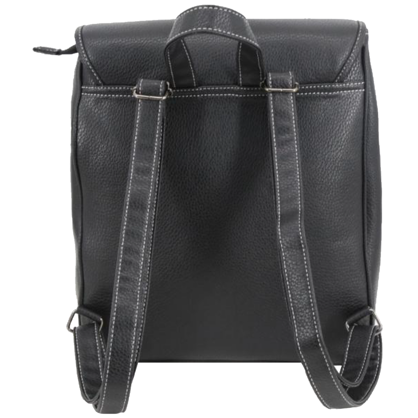 Black pebbled leather backpack shown from the back, featuring dual top handles, adjustable shoulder straps, and silver-toned metal hardware, isolated on a white background.