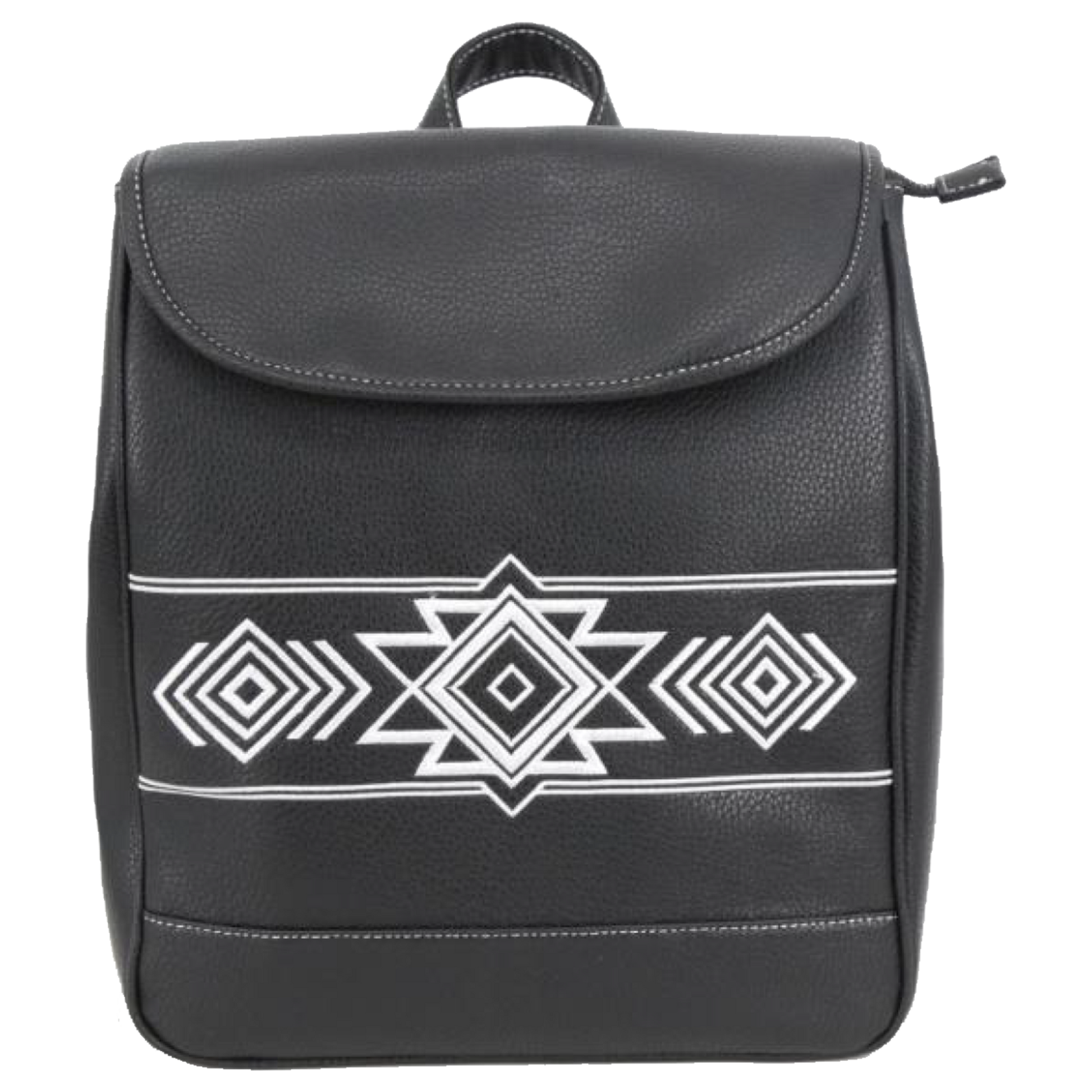 A black faux-leather backpack with a white geometric Southwestern-style pattern across the front flap, featuring a top carry handle and a zippered main compartment.