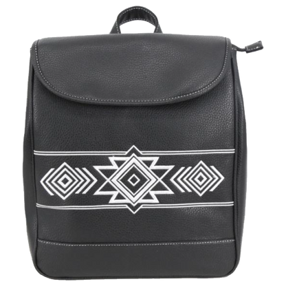 A black faux-leather backpack with a white geometric Southwestern-style pattern across the front flap, featuring a top carry handle and a zippered main compartment.