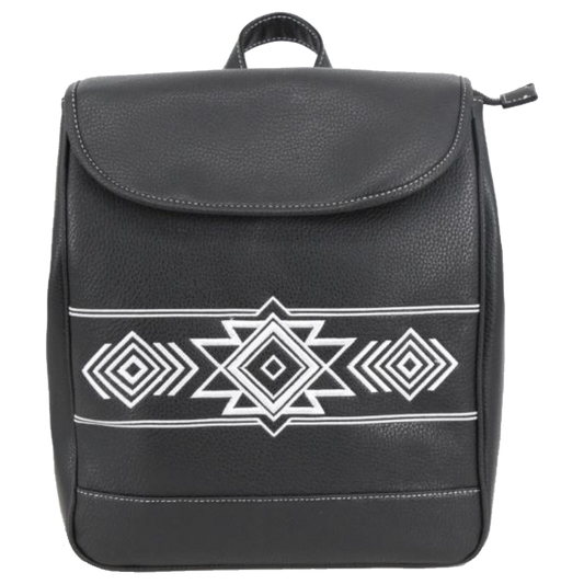 A black faux-leather backpack with a white geometric Southwestern-style pattern across the front flap, featuring a top carry handle and a zippered main compartment.