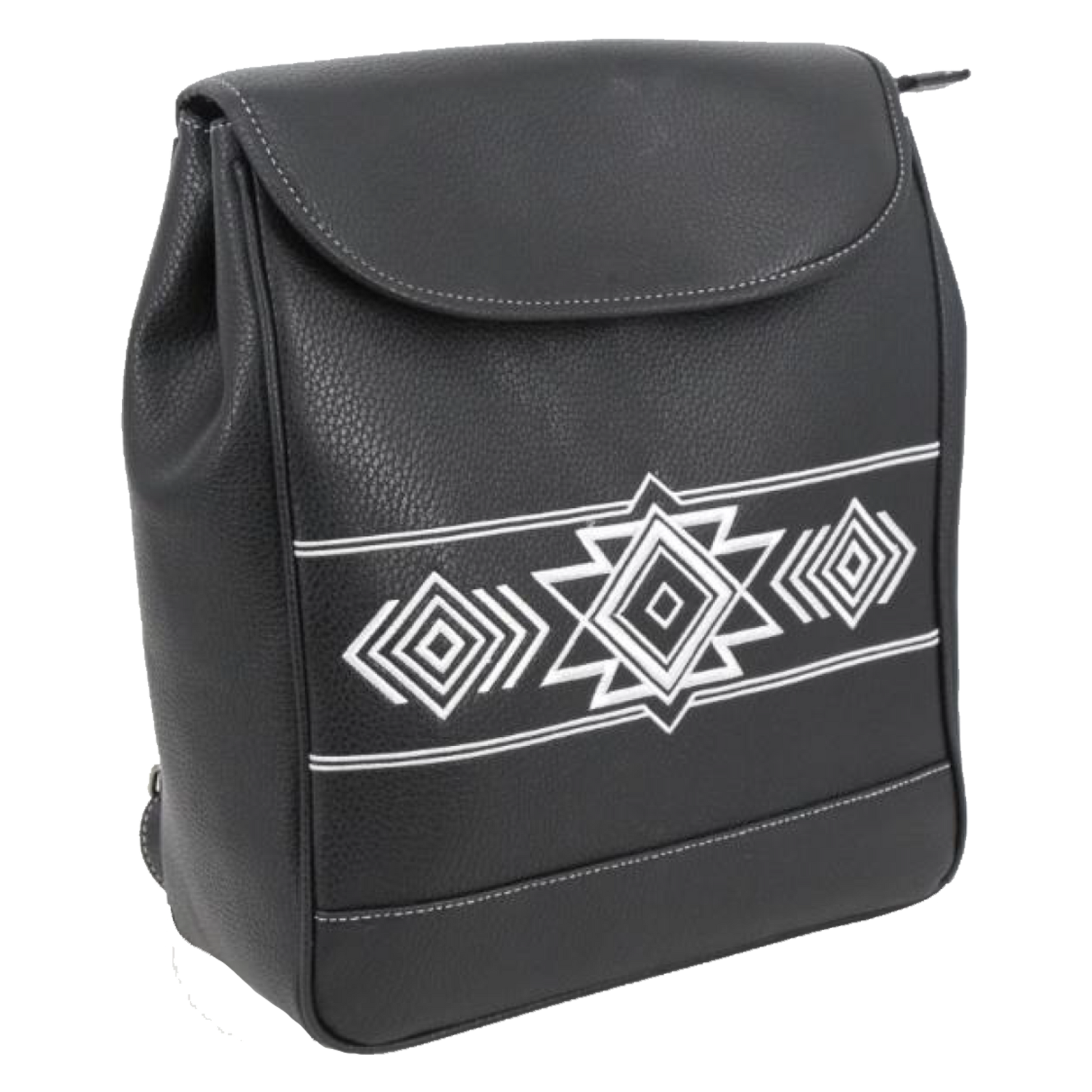 A black faux-leather backpack with a white geometric pattern on the front, shown against a plain white background.