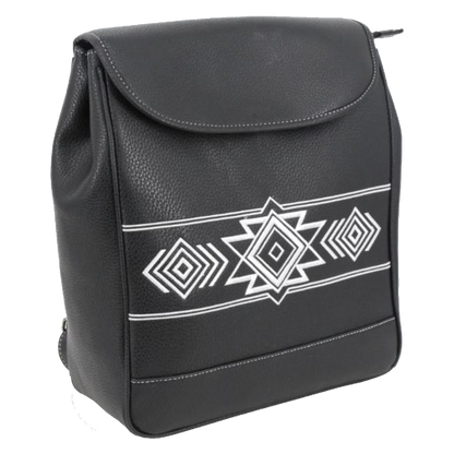 A black faux-leather backpack with a white geometric pattern on the front, shown against a plain white background.