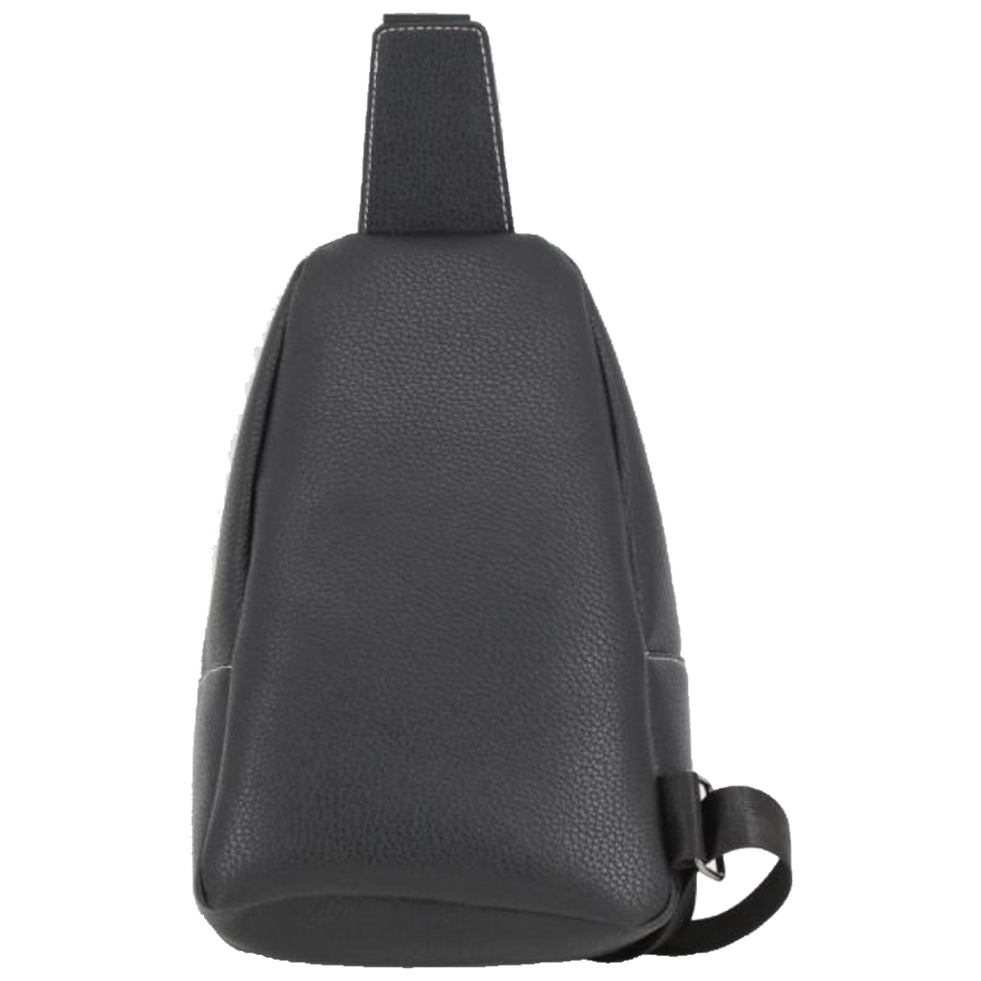 A black pebbled faux-leather sling bag shown from the side profile against a solid white background.