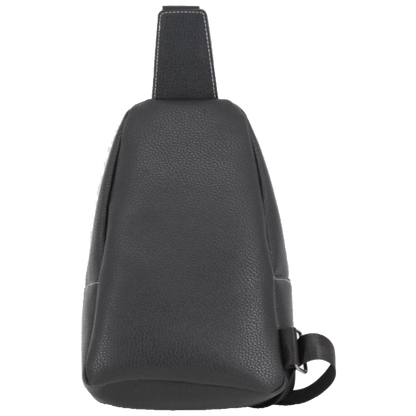 A black pebbled faux-leather sling bag shown from the side profile against a solid white background.