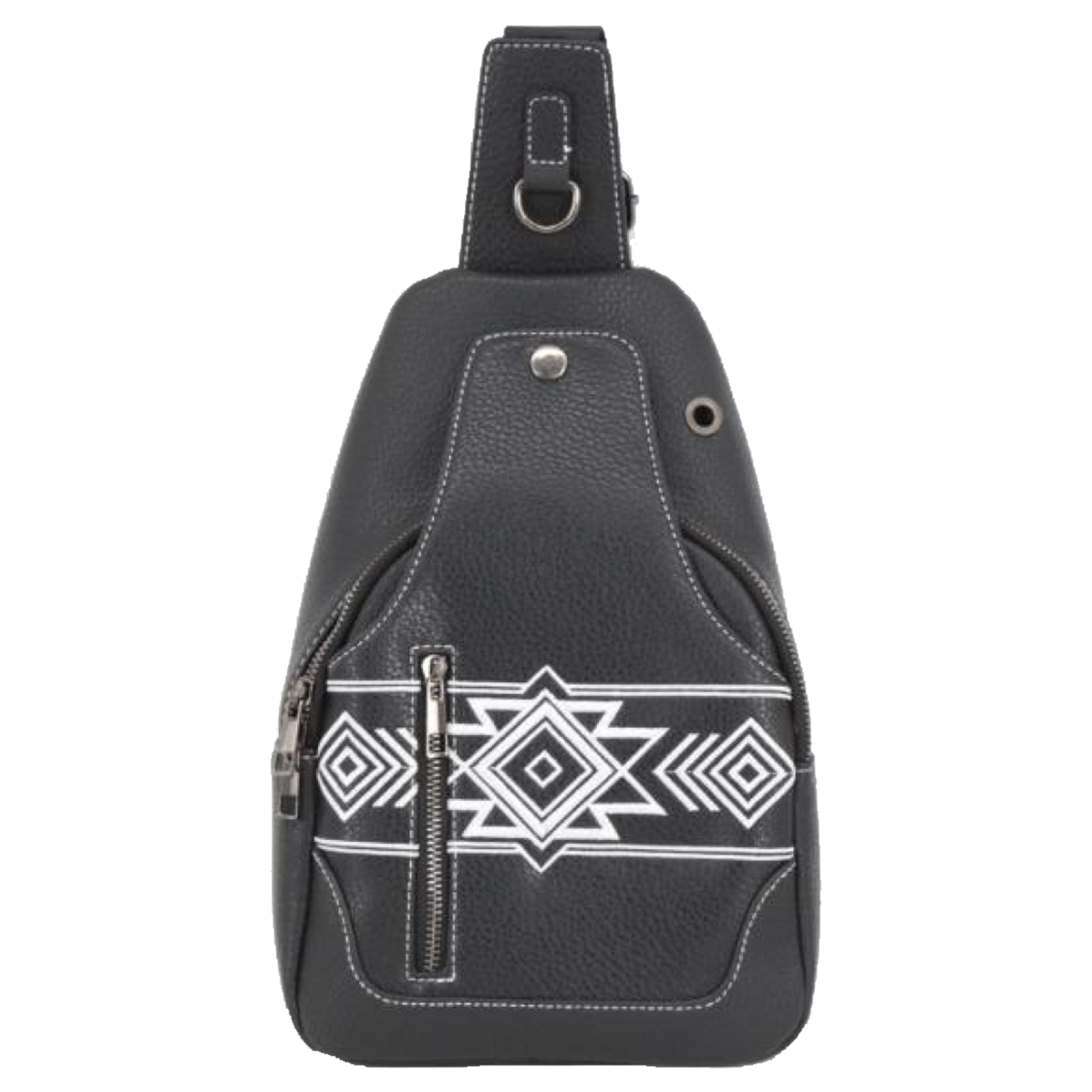 A black pebbled leather sling bag with white geometric Southwestern-style embroidery across the front pocket and a white zipper pull, shown against a plain white background.