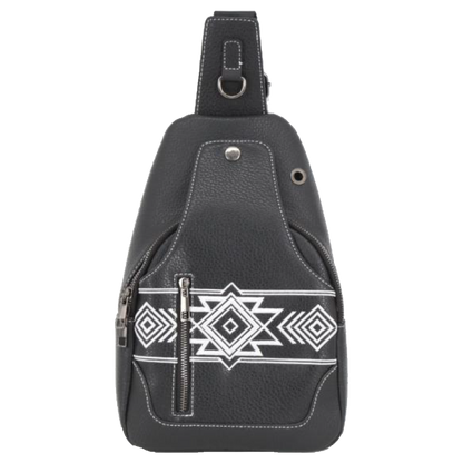 A black pebbled leather sling bag with white geometric Southwestern-style embroidery across the front pocket and a white zipper pull, shown against a plain white background.