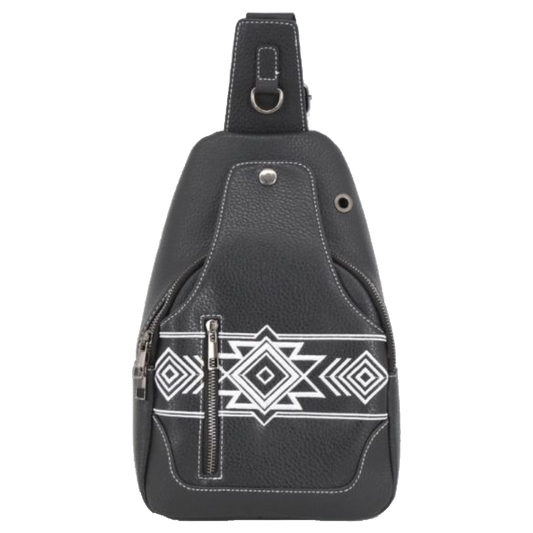 A black pebbled leather sling bag with white geometric Southwestern-style embroidery across the front pocket and a white zipper pull, shown against a plain white background.