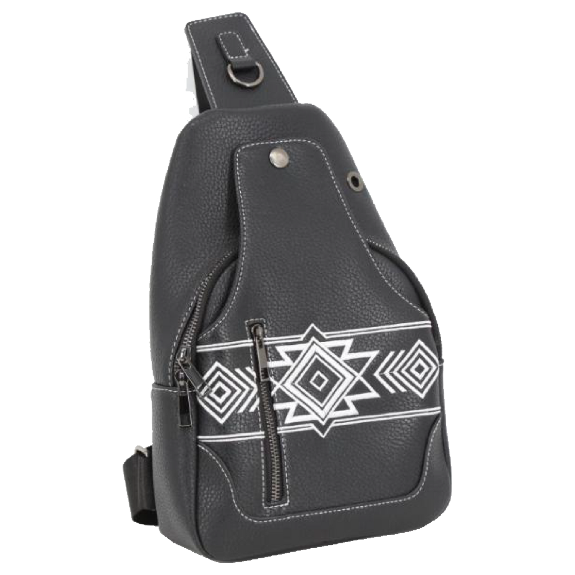 A black faux-leather sling bag with a white geometric tribal-style pattern on the front pocket, shown against a plain white background.