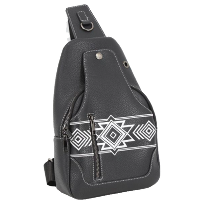 A black faux-leather sling bag with a white geometric tribal-style pattern on the front pocket, shown against a plain white background.