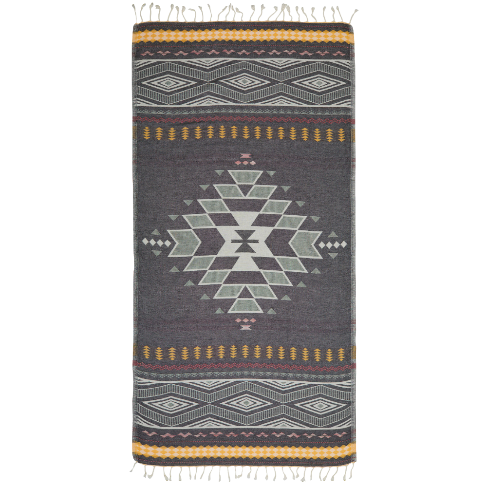 Woven blanket with geometric pattern on a white background