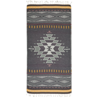 Woven blanket with geometric pattern on a white background