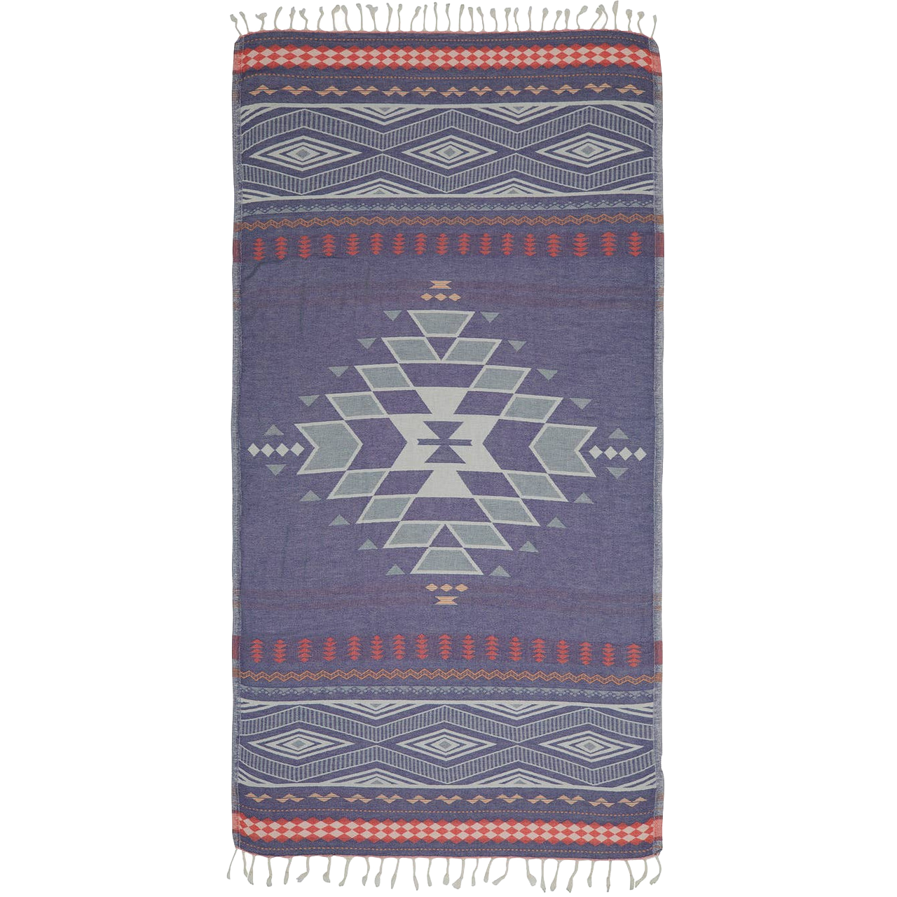 Woven blanket with geometric pattern on a white background