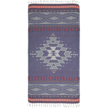 Woven blanket with geometric pattern on a white background