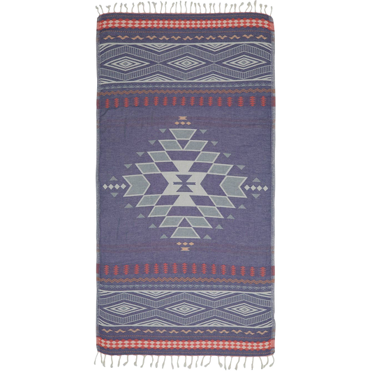 Woven blanket with geometric pattern on a white background